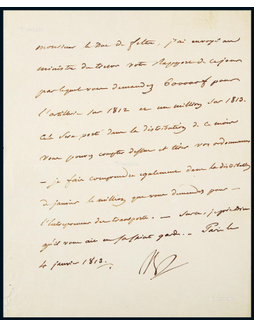 “法兰西第一帝国的缔造者”拿破仑（Napoleon Bonaparte）于1813年致“法兰西战争部长”费尔特雷公爵（Duc de Feltre）有关运输预算问题的亲笔签名信函，附证书