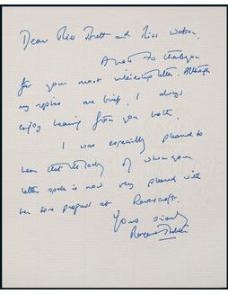 “英国铁娘子”撒切尔夫人（Margaret Thatcher）致友人亲笔信1通，附证书