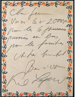 “老佛爷”卡尔·拉格斐（Karl Lagerfeld）亲笔信，附证书