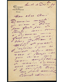 “法国印象派画家创始人”莫奈（Claude Monet）致密友有关创作计划的亲笔信，附证书