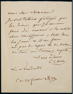 “法国巴比松画派领军人物、法国著名写实主义风景画家”卡米耶·柯罗（Camille Corot）亲笔信1通，附证书