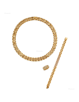卡地亚设计 K黄金镶钻石项链、手链及戒指套装