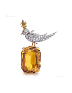 Jean Schlumberger为蒂芙尼设计 黄水晶配 钻石及粉色蓝宝石「BIRD ON A ROCK」胸针