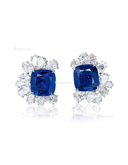 海瑞·温斯顿设计 13.49及12.36克拉缅甸及斯里兰卡「皇家蓝」蓝宝石配钻石耳环，未经加热