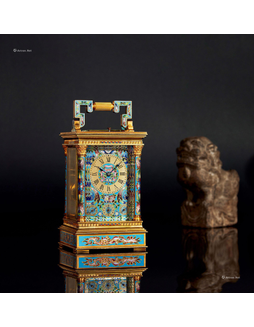 法国 精美，铜质珐琅机械小台钟，备日期、月份及闹铃功能