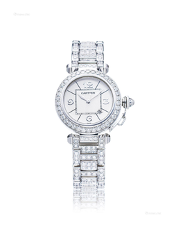 卡地亚 高贵优雅，女装白金镶钻石自动链带腕表，备日期显示