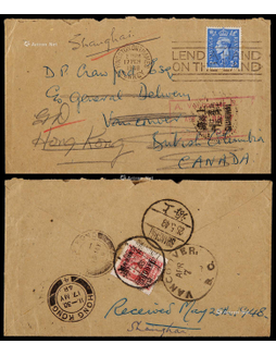 1948年英国寄加拿大转上海存局候领封，贴英国乔治六世2.5便士一枚