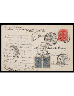 1905年新南威尔斯寄北京欠资明信片，贴一便士邮票一枚