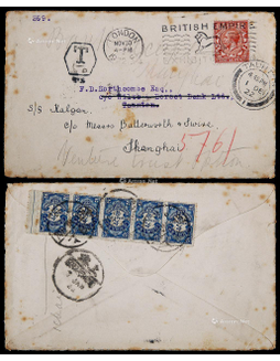 1922年英国寄上海欠资进口封，贴英国1.5便士邮票一枚