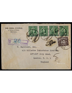 1933年上海寄英国欠资封，贴孙中山像单圈5分四枚