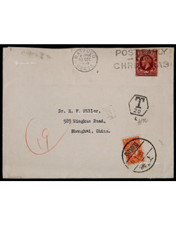 1934年英国寄上海进口欠资封，贴英国1.5便士邮票一枚