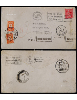 1935年新西兰寄上海进口欠资封，贴新西兰1便士邮票一枚