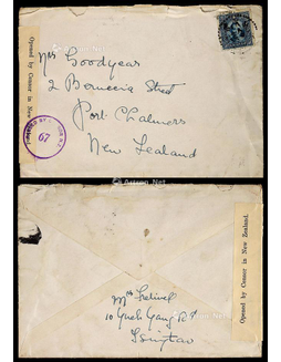 1941年山东青岛寄新西兰检查封，贴香港版孙像加盖伪山东小字5角一枚