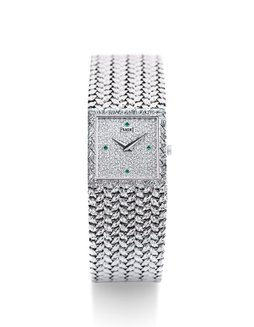 伯爵  复古精美，女装白金镶钻石及绿宝石正方形机械链带腕表，型号G0A04611，年份约2000，附原厂证书及表盒