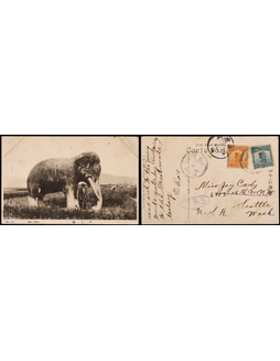 1915年北京寄美国明信片，贴帆船1分、3分各一枚