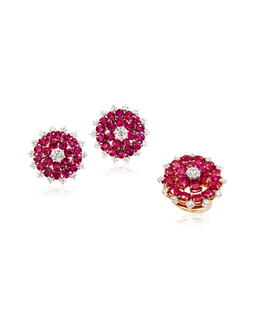 卡地亚设计 缅甸「鸽血红」红宝石配钻石戒指及耳环套装，未经加热