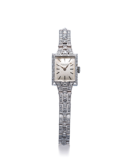 万国表 复古精美，女装白金镶钻石机械链带腕表，年份约1970