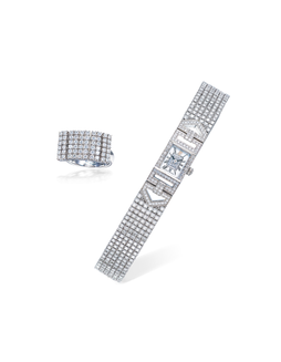 爱彼 精美独特，一组两件女装白金镶钻石方形链带腕表及钻石戒指，型号67249BC/Z/9124BC/01，年份约2010，附原厂证书及表盒