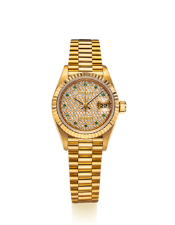 劳力士 精美，女装黄金镶钻石及祖母绿自动链带腕表，备日期显示，「Datejust」，型号69178，年份约1993，附原厂证书
