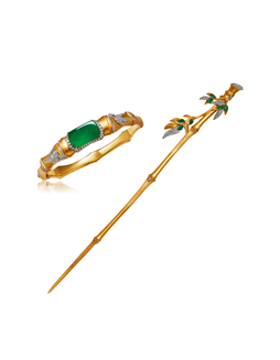 高楠设计「君子」缅甸天然满绿翡翠配钻石手镯及茶拨