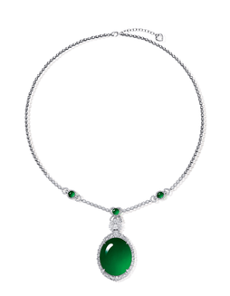 重要的 缅甸天然满绿翡翠蛋面配钻石项链