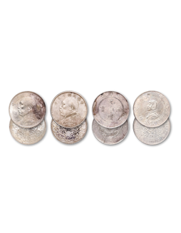 1908-1927年民国三年、十年袁世凯像、孙中山开国纪念币、三十四年北洋造光绪元宝银币各一枚