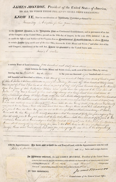《美国第五届总》统詹姆斯门罗（James Monroe）亲笔签署的土地赠予文件