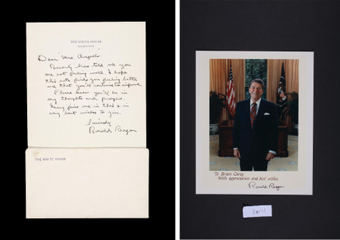 《最受欢迎的美国总统》罗纳德·威尔逊·里根（Ronald Wilson Reagan）亲笔信含白宫专用信封、签名照一件