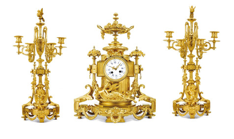 法国 拿破仑三世时期 铜鎏金配烛台座钟