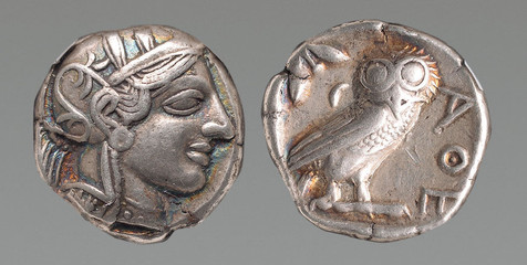 古希腊雅典城猫头鹰银币一枚