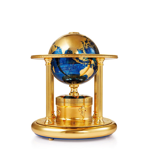 法贝热 铜鎏金 精致地球仪世界时小台钟 约1980年制