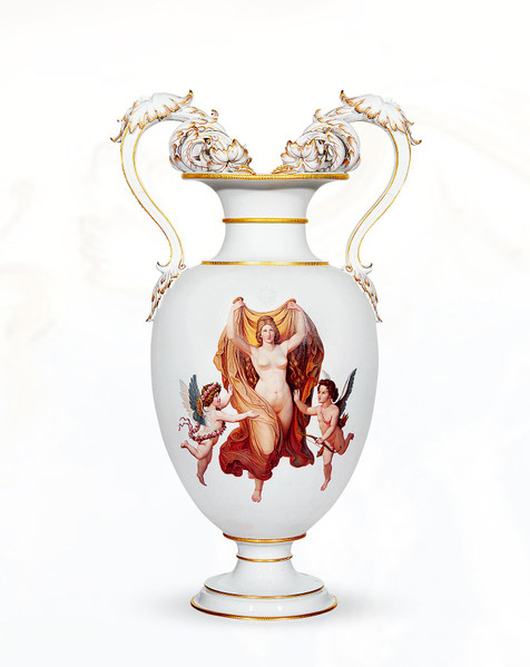 德国 KPM 哑光釉面彩绘陶瓷装饰瓶 柏林皇家窑厂制 约1850-1890年制