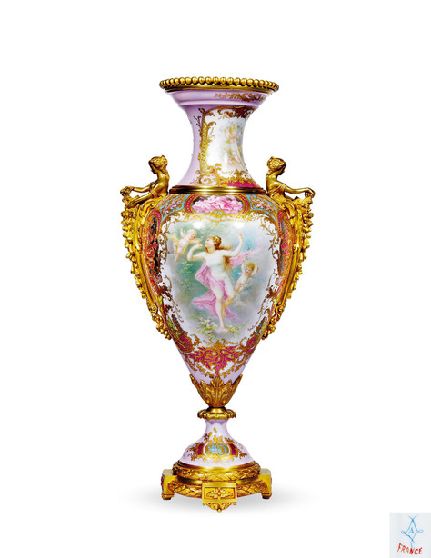 法国 SEVRES 粉地描金嵌铜鎏金彩绘陶瓷装饰罐 赛弗勒窑厂制 约1850-1870年制