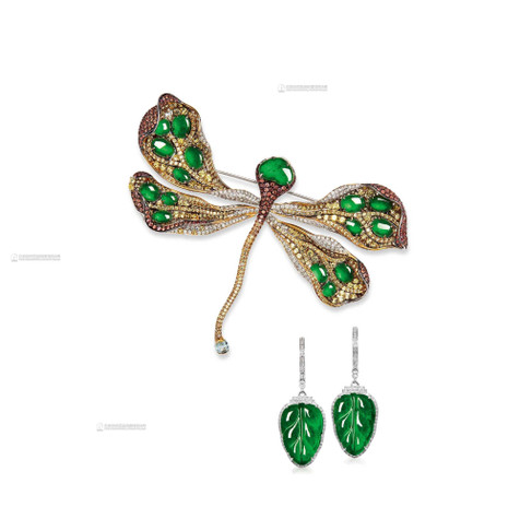 天然满绿翡翠配钻石及彩色宝石胸针及耳环套装