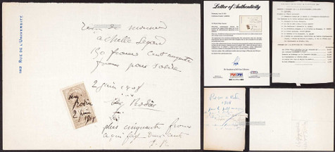 “法国雕塑大师” 奥古斯特·罗丹（Auguste Rodin）亲笔签名收据，附证书