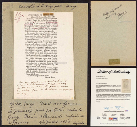 “法国大文豪”雨果（Victor Hugo）普法战争爆发后第三天亲笔注释公开信《致根西岛的妇女》，附证书