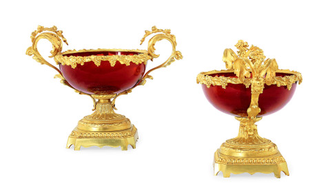 法国 新古典风格 铜鎏金镶嵌手工红色水晶盛盘
