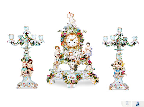 德国 MEISSEN 大型彩色陶瓷人物座钟及烛台三件套 梅森窑厂制
