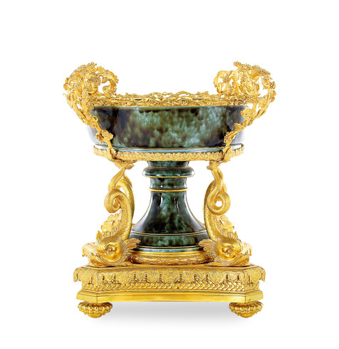 法国 新古典风格 PAUL MILET作品 铜鎏金镶嵌稀有绿色陶瓷中央装饰盛盘
