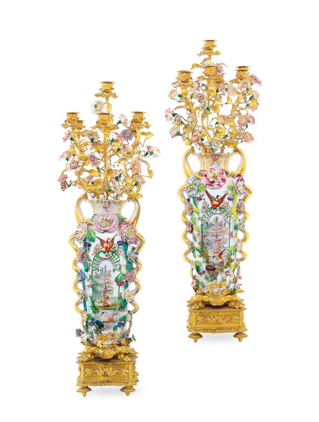 德国 铜鎏金镶嵌梅森风格彩绘陶瓷装饰七头烛台