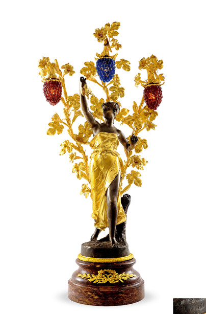 法国 大型铜鎏金镶嵌铜质雕塑台灯