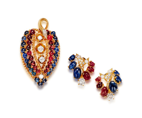 红宝石及蓝宝石配钻石吊坠及耳环套装