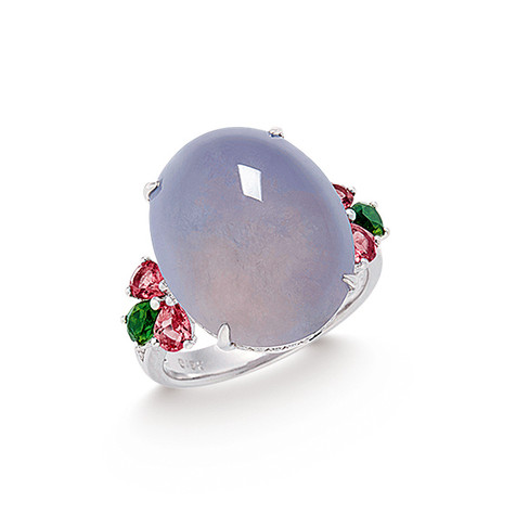 缅甸天然冰种紫罗兰翡翠蛋面配钻石及彩色宝石戒指