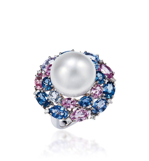 白色南洋珍珠配彩色宝石及钻石戒指  约13.96mm