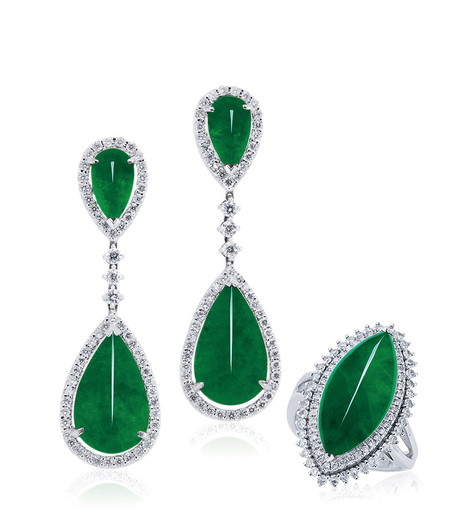 缅甸天然满绿翡翠配钻石戒指及耳环套装