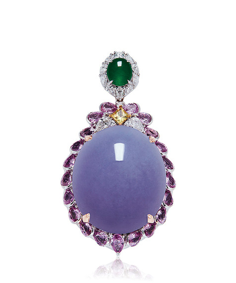 缅甸天然紫罗兰翡翠蛋面配钻石及彩色宝石吊坠