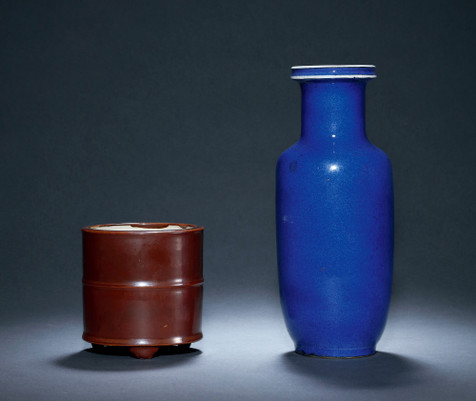 紫金釉小香炉、蓝釉小棒槌瓶
