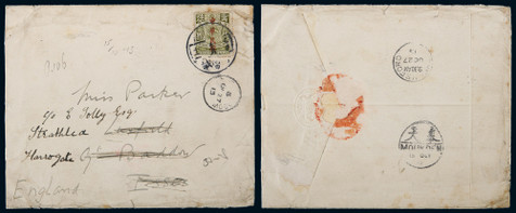1913年济南城寄英国超重平信封，贴鲤鱼图楷自加盖“中华民国”16分一枚