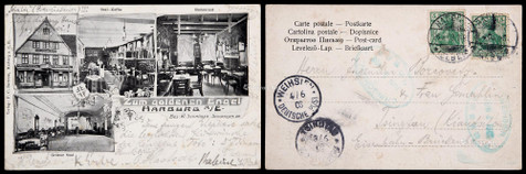 1903年德国寄青州进口明信片，贴德国5芬尼普票两枚