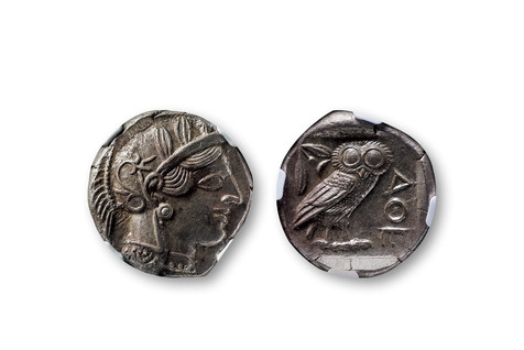 古希腊雅典娜猫头鹰四德拉克马银币一枚